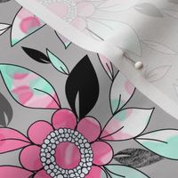 Watercolor and Ink Leaf Print in Pink , Mint, and Gray for Swimwear 