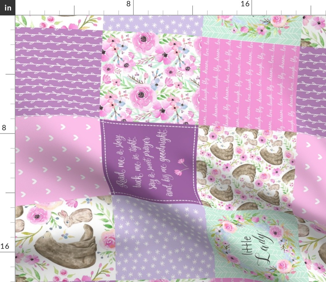 Little Lady Patchwork Quilt (ROTATED) - Woodland Bear + Bunny Floral Pink + Lavender Wholecloth Best Friends 2 Coordinate for Girls GingerLous