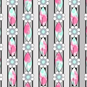 Pink, Mint and Gray Border Stripes, Flowers and Leaves Print for Summer 