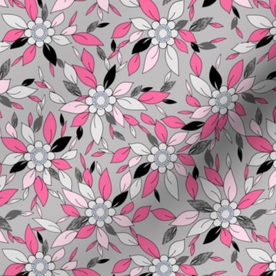 Hot Pink and Black Flowers and Leaves Summer Print