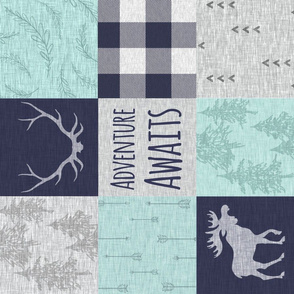 Adventure Awaits Patchwork - Navy, Mint and grey w moose - ROTATED