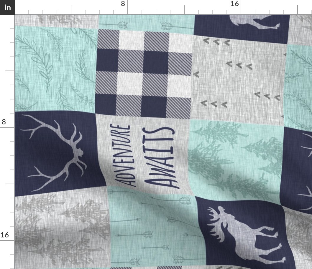 Adventure Awaits Patchwork - Navy, Mint and grey w moose - ROTATED