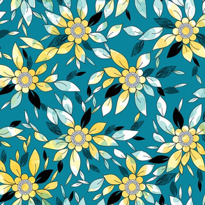 Large Flower Summer Print in Blue and Yellow