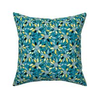 Blue and Yellow Flowers and Leaves Floral Print