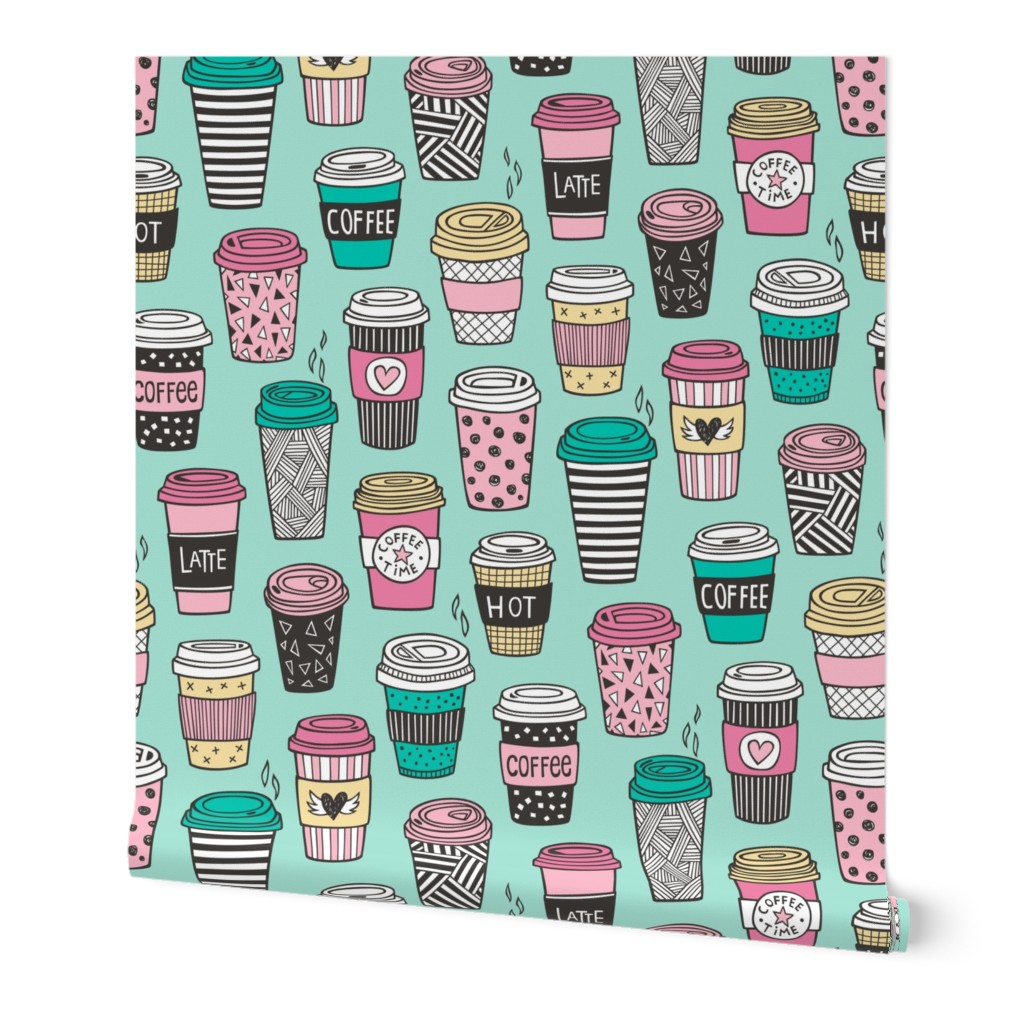 Coffee Latte Geometric Patterned Black & White Pink Mint Yellow on Mint Green Large 4-5 Inch