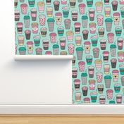 Coffee Latte Geometric Patterned Black & White Pink Mint Yellow on Mint Green Large 4-5 Inch