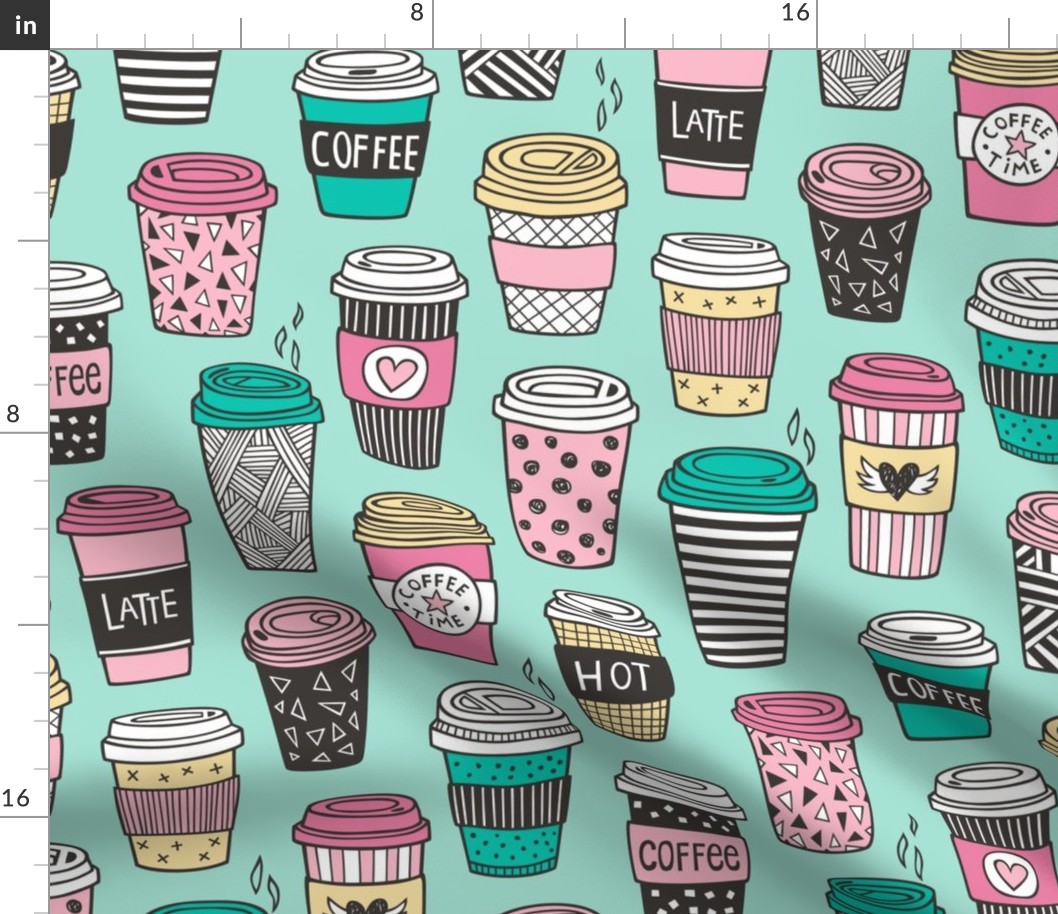 Coffee Latte Geometric Patterned Black & White Pink Mint Yellow on Mint Green Large 4-5 Inch