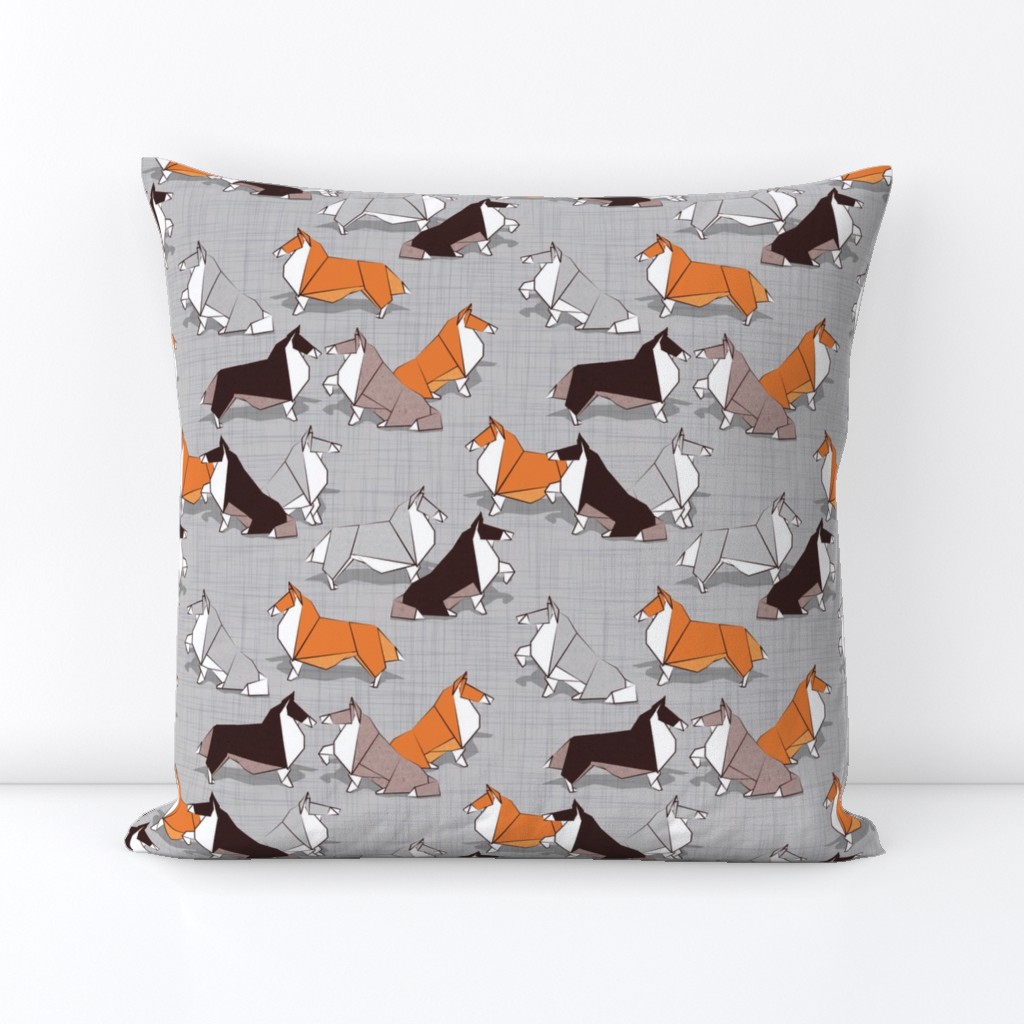 Small scale // Origami Collie friends // grey linen texture background white orange & brown paper and cardboard dogs