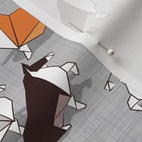 Small scale // Origami Collie friends // grey linen texture background white orange & brown paper and cardboard dogs