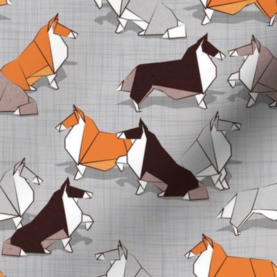 Small scale // Origami Collie friends // grey linen texture background white orange & brown paper and cardboard dogs