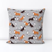 Small scale // Origami Collie friends // grey linen texture background white orange & brown paper and cardboard dogs