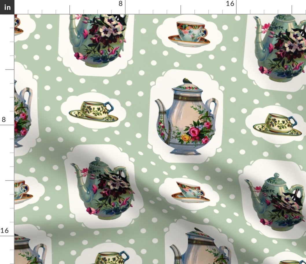 Vintage Tea Set - Green Background