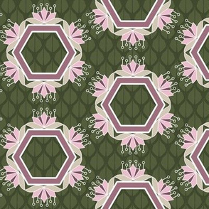 Lotus Blossom Hexagons in Olive Green and Rose Pink