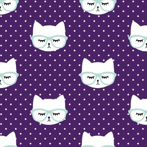 cats with glasses - dark purple polka