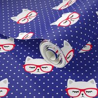 cats with glasses - polka on blue 