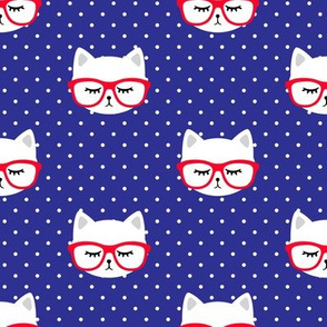 cats with glasses - polka on blue 