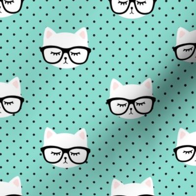 cats  with glasses - dark aqua polka