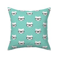 cats  with glasses - dark aqua polka