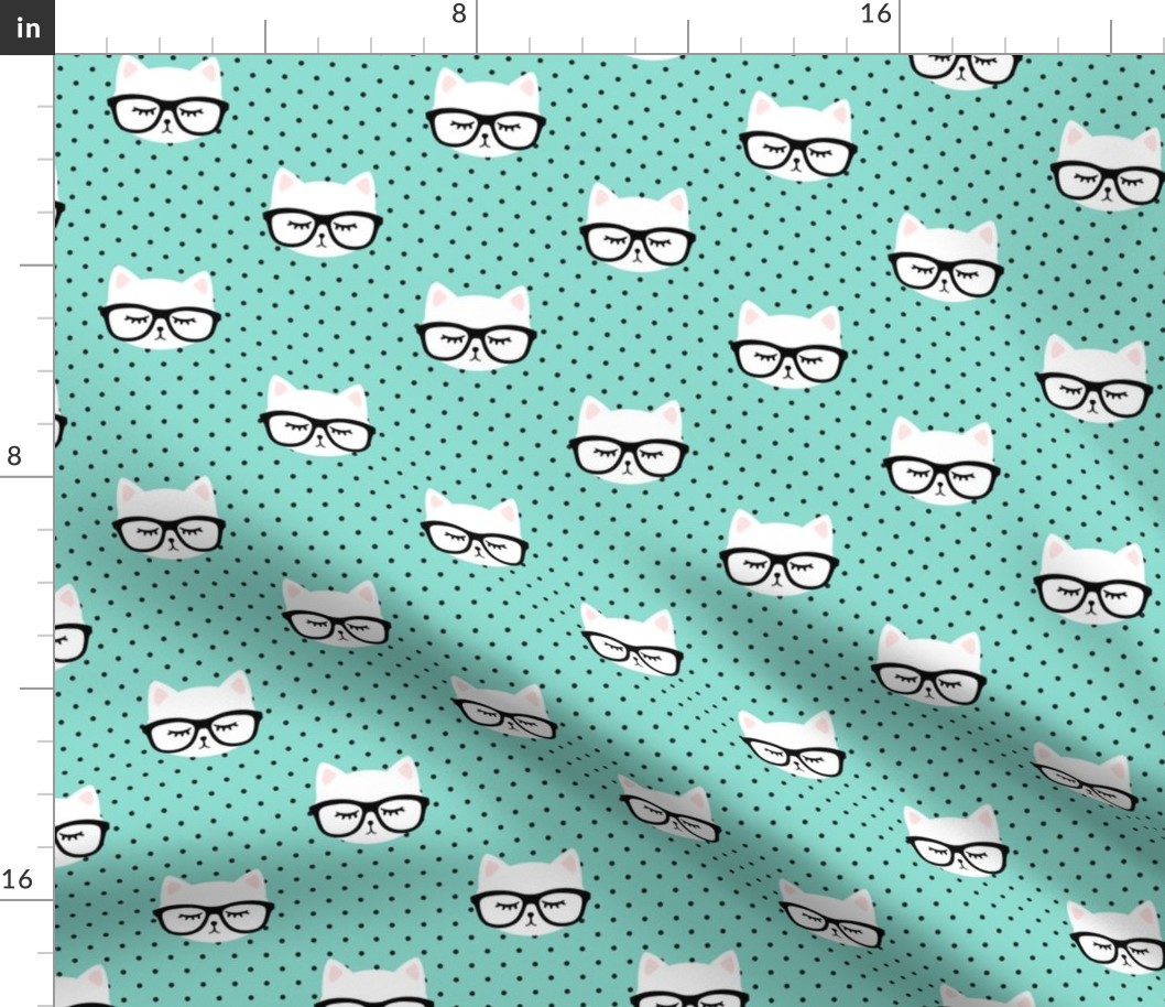 cats  with glasses - dark aqua polka