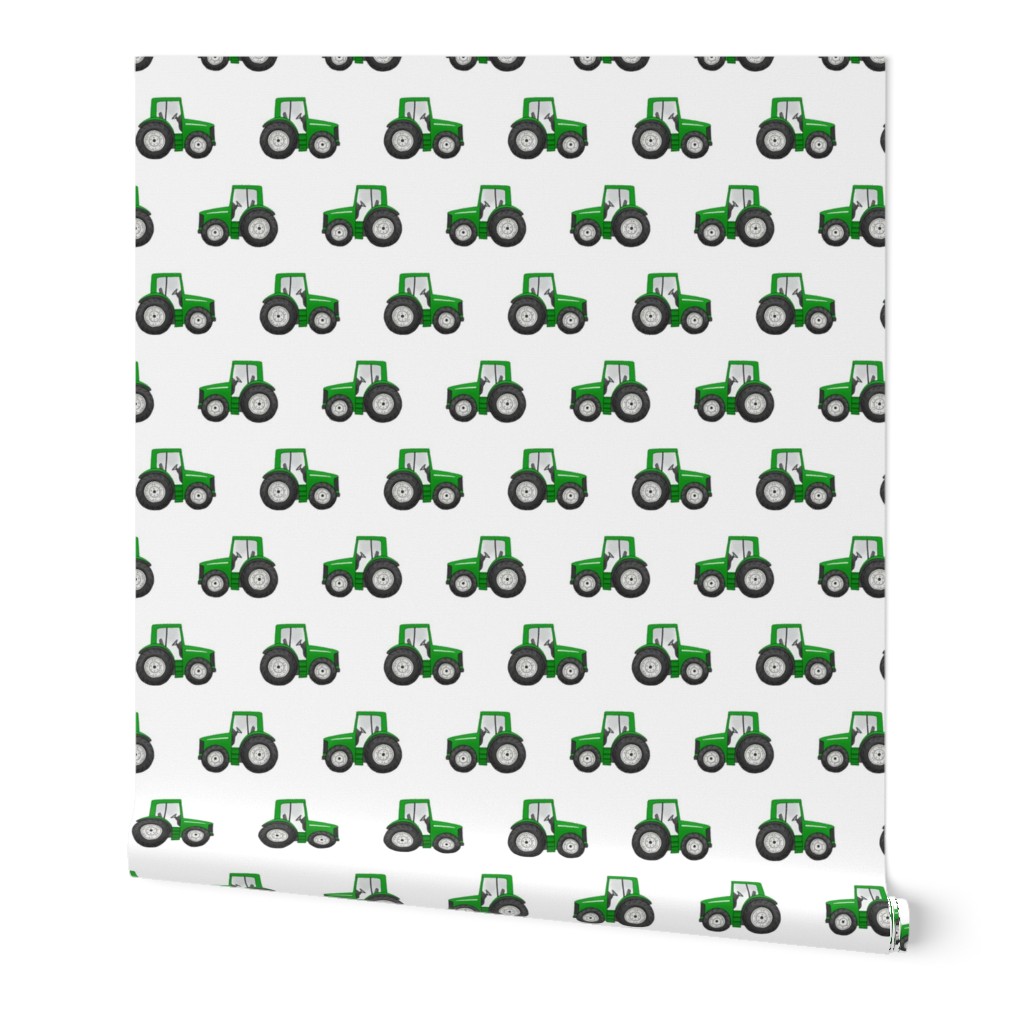 Rows of Green Tractors on white - medium scale