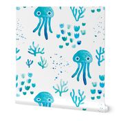 watercolor under water ocean life jelly fish and coral squid blue white SMALL