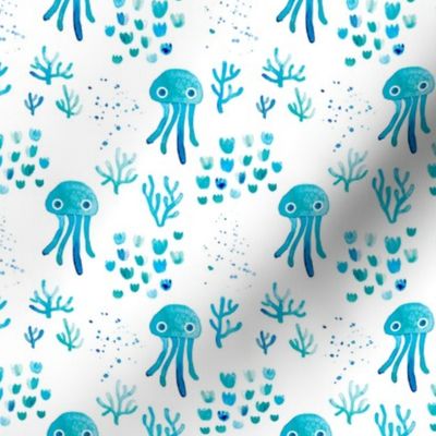 watercolor under water ocean life jelly fish and coral squid blue white SMALL