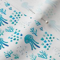 watercolor under water ocean life jelly fish and coral squid blue white XS