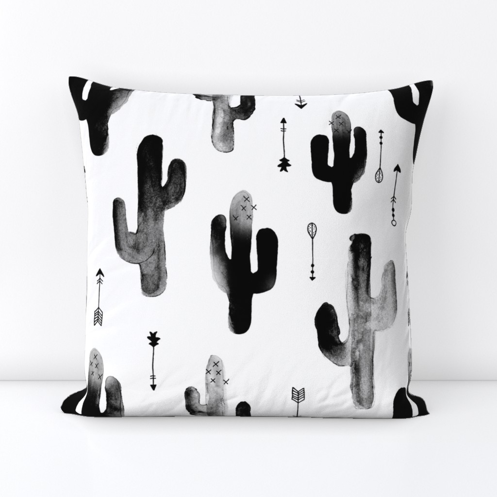 Black and white watercolors ink cactus garden gender neutral geometric arrows cowboy theme XL