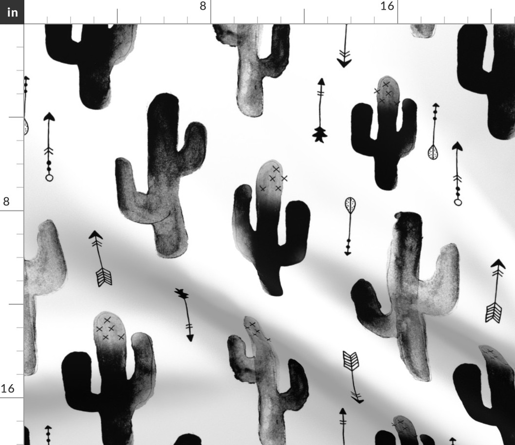 Black and white watercolors ink cactus garden gender neutral geometric arrows cowboy theme XL