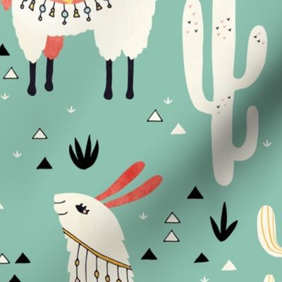 Llamas and cactus in a pot on green