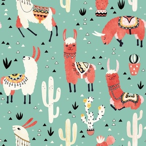 Llamas and cactus in a pot on green