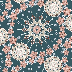 Large Mandala Floral in Desert Peach and Blue 