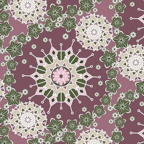 Large Mandala Floral in Olive Green and Rose Pink