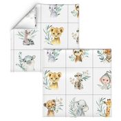 8" Animal Kingdom animal blocks (giraffe, elephant, rhino, lion cub, monkey, hippo, ostrich, zebra, meerkats, tiger, sloth, cheetah) with dotted cutting lines, DIY quilt blocks