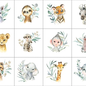 8" Animal Kingdom animal blocks (giraffe, elephant, rhino, lion cub, monkey, hippo, ostrich, zebra, meerkats, tiger, sloth, cheetah) with dotted cutting lines, DIY quilt blocks