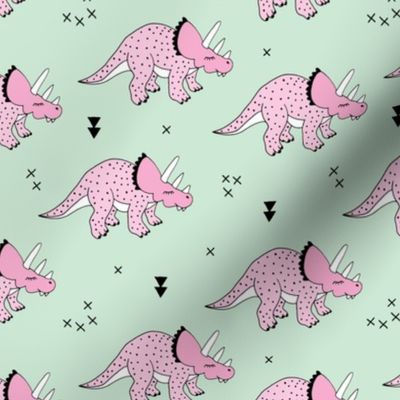 Cool girls dinosaurs pink triceratops on mint summer print