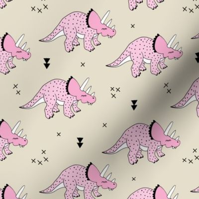 Cool girls dinosaurs pink triceratops on beige summer print