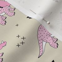 Cool girls dinosaurs pink triceratops on beige summer print