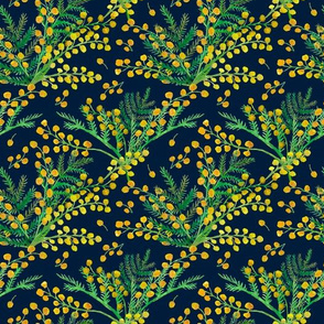 Flowers and twigs of Mimosa on dark blue seamless background