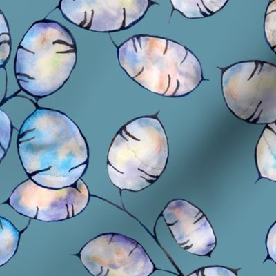 Lunaria beautiful watercolor seamless pattern on blue