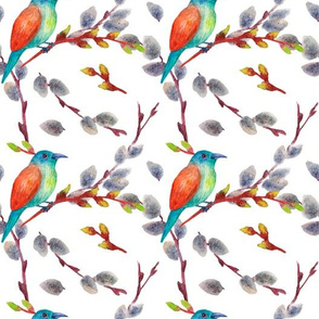 Spring seamless pattern with willow branhes and bird