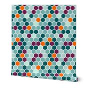 18-7AH Hexagon Aqua Blue Mint Green Plum Purple Jade Orange Hexie Hexagon Geometric _ Miss Chiff Designs Mint Plum Jade Orange Hexie Hexagon Geometric Quilt Coordinate  _ Miss Chiff Designs 