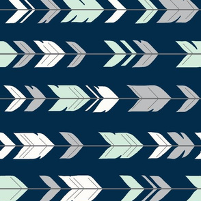 Arrow Feathers - Mint green, grey, white on navy - rotated