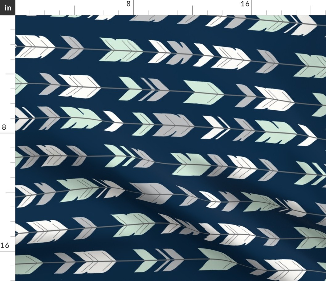 Arrow Feathers - Mint green, grey, white on navy - rotated