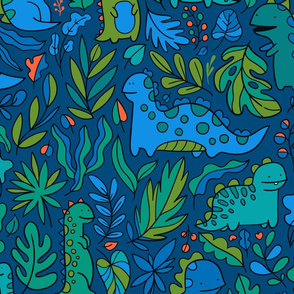 Tropical leaves and ancient dinosaurs design. Cute dino pattern. navy green BIG