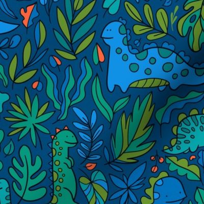 Tropical leaves and ancient dinosaurs design. Cute dino pattern. navy green MEDIUM