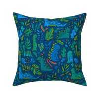 Tropical leaves and ancient dinosaurs design. Cute dino pattern. navy green MEDIUM