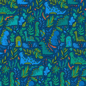 Tropical leaves and ancient dinosaurs design. Cute dino pattern. navy green MEDIUM