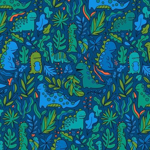 Tropical leaves and ancient dinosaurs design. Cute dino pattern. navy green SMALL