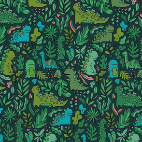 Tropical leaves and ancient dinosaurs design. Cute green dino pattern. 